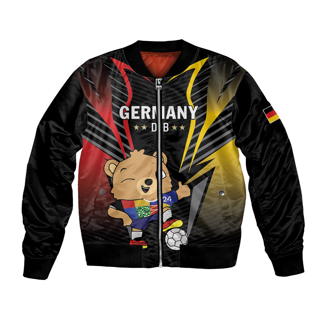 Black football bomber jacket with Germany graphic, mascot, and full zip front