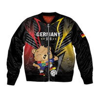 Black football bomber jacket with Germany graphic, mascot, and full zip front