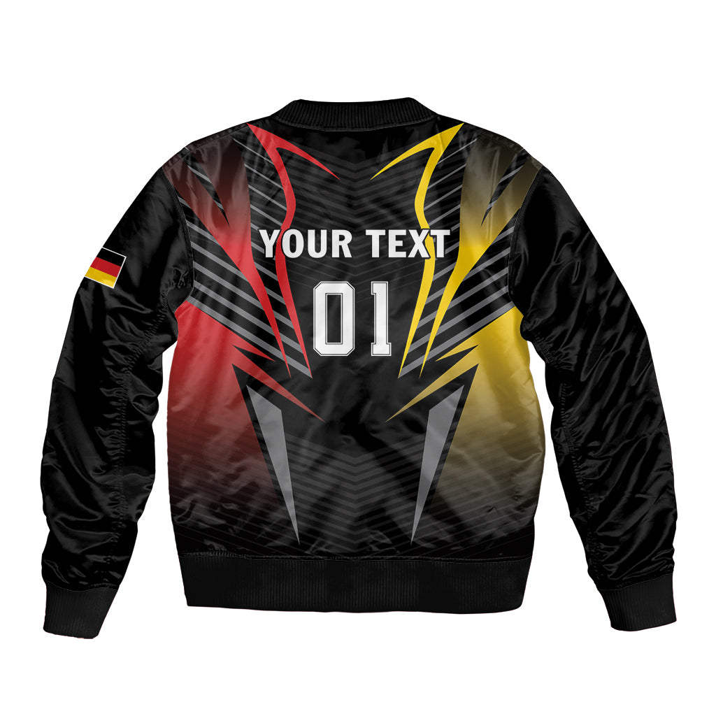 Black football bomber jacket with red/yellow design, YOUR TEXT, and zip front