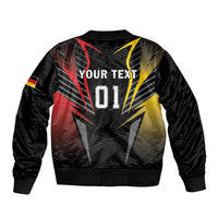 Black football bomber jacket with red/yellow design, YOUR TEXT, and zip front