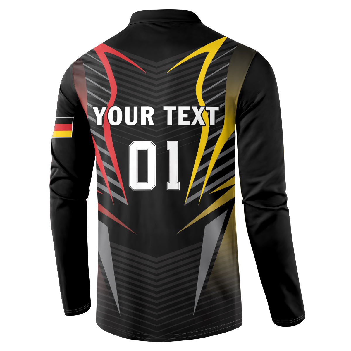 Black button football sweatshirt back with YOUR TEXT and 01 graphic, long sleeves