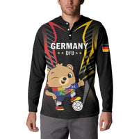 Black button football sweatshirt front with Germany DFB design, mascot holding ball, long sleeves