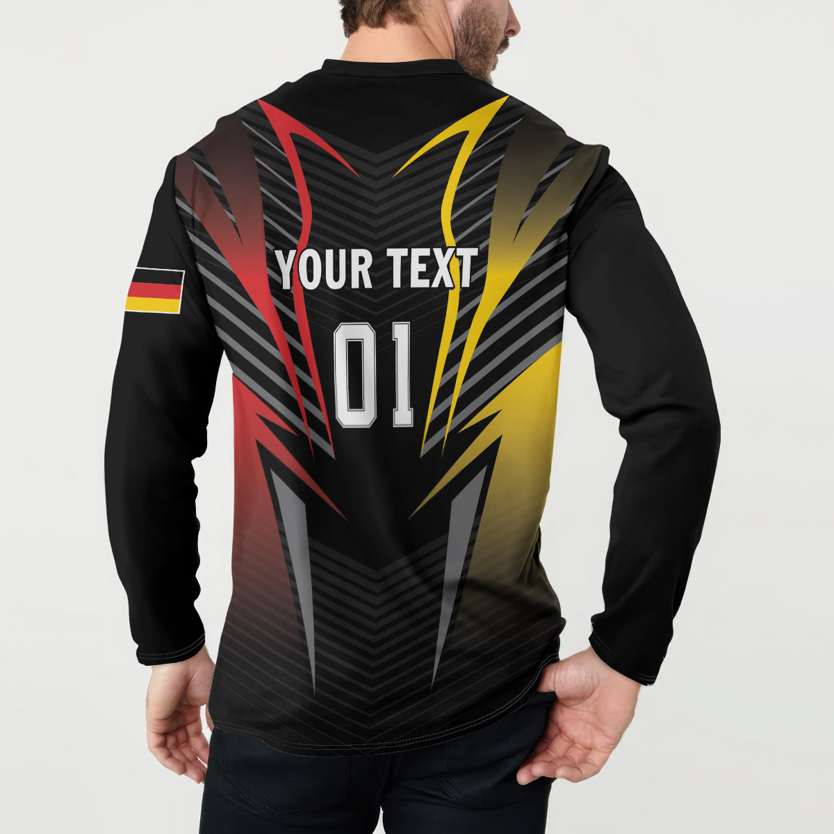 Black button football sweatshirt back view with YOUR TEXT, 01 graphic, German flag patch