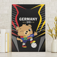 Black canvas wall art with cartoon Germany bear posing with soccer ball, red and yellow swoosh