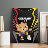 Black canvas wall art with black border, cartoon Germany bear kicking a soccer ball
