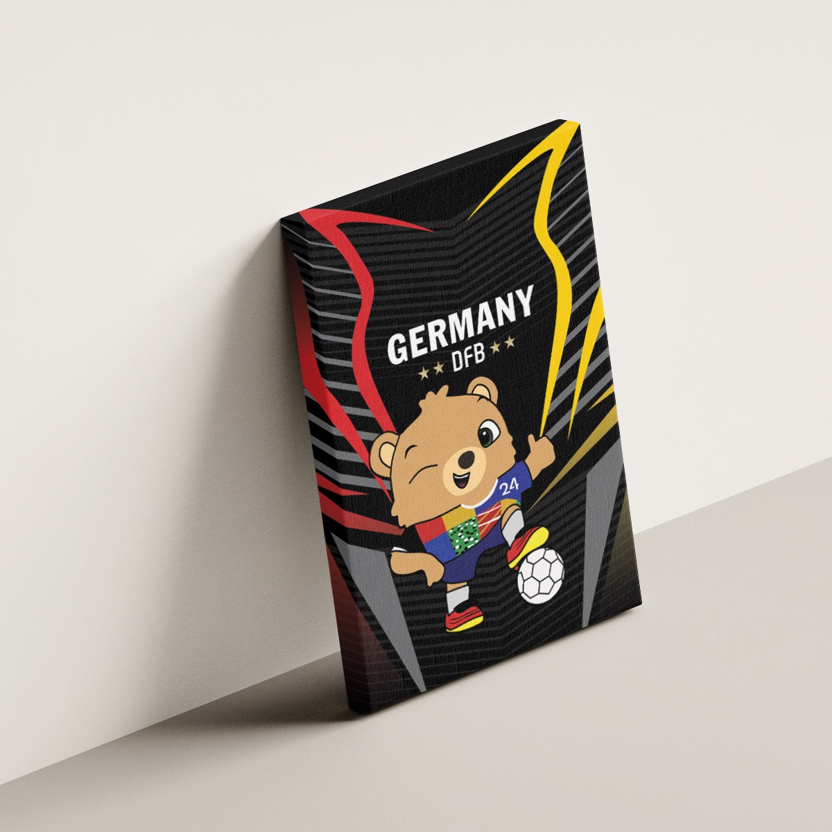 Black framed canvas wall art, angled view of Germany bear holding a soccer ball