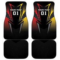 Four-piece black car floor mat set with red and yellow lightning “01” graphic and chevron texture
