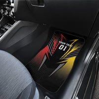 Rear seat black floor mat with red and yellow “01” graphic and textured chevron pattern