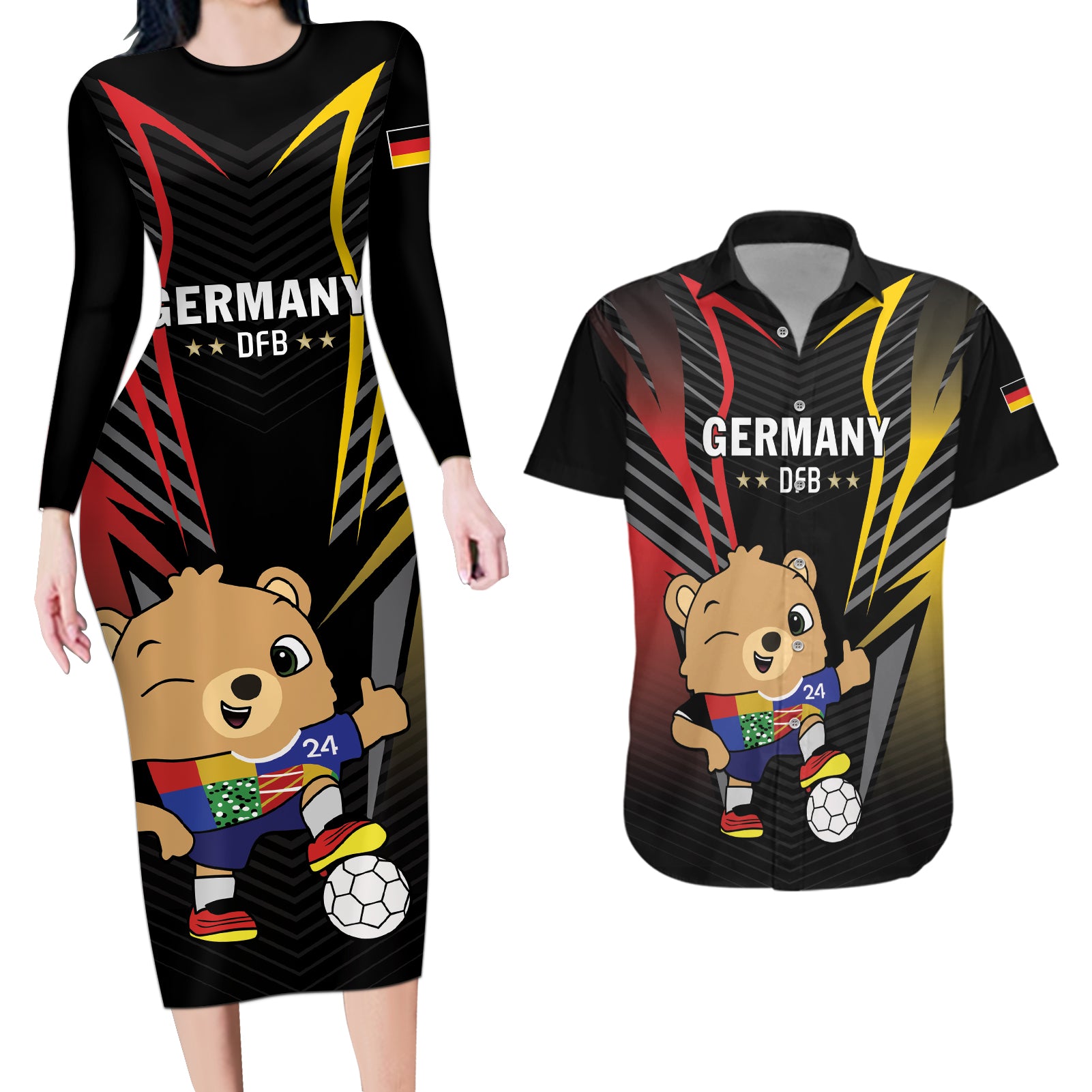 Personalized Germany 2024 Football Couples Matching Long Sleeve Bodycon Dress and Hawaiian Shirt DFB Team Black Version - Wonder Print Shop