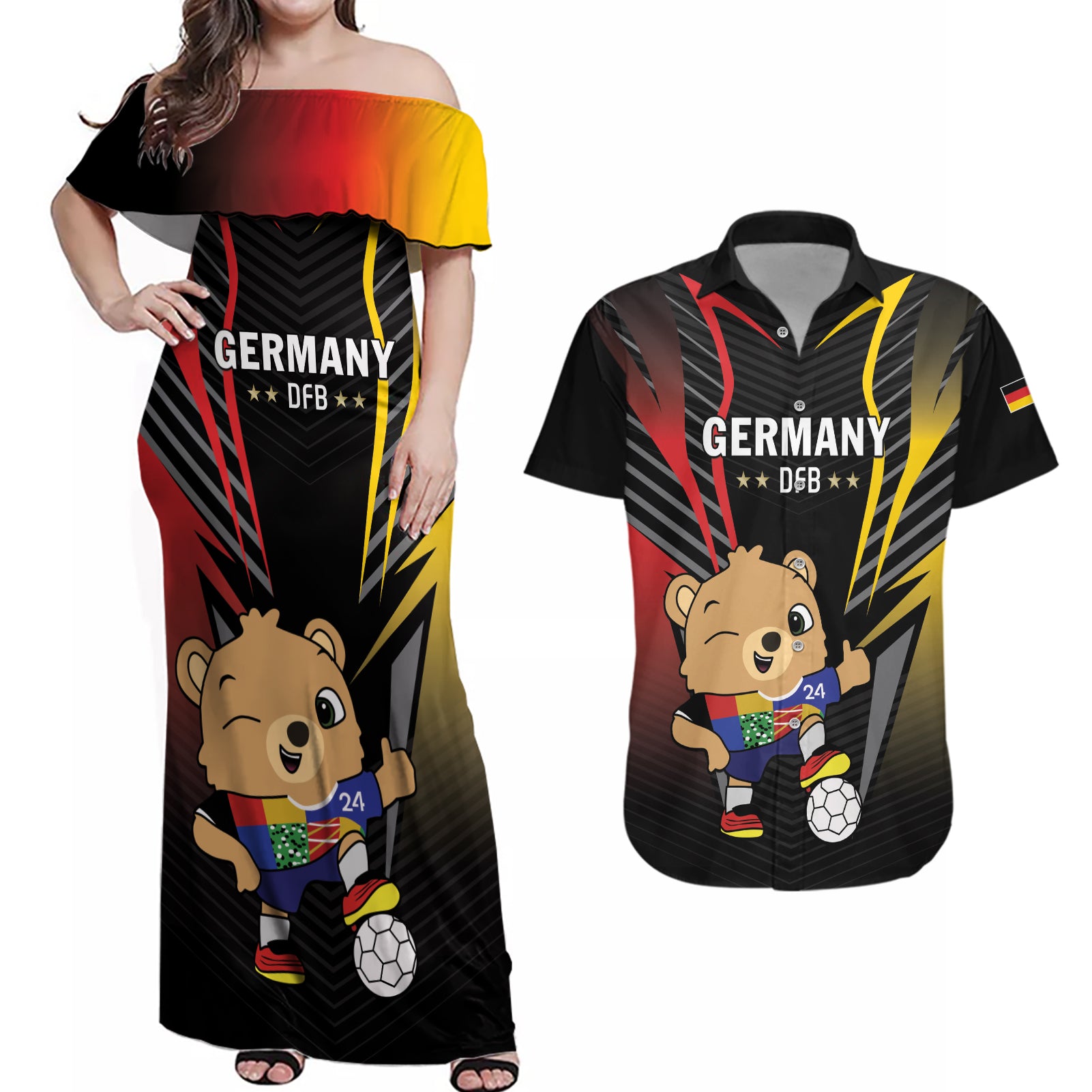 Personalized Germany 2024 Football Couples Matching Off Shoulder Maxi Dress and Hawaiian Shirt DFB Team Black Version - Wonder Print Shop