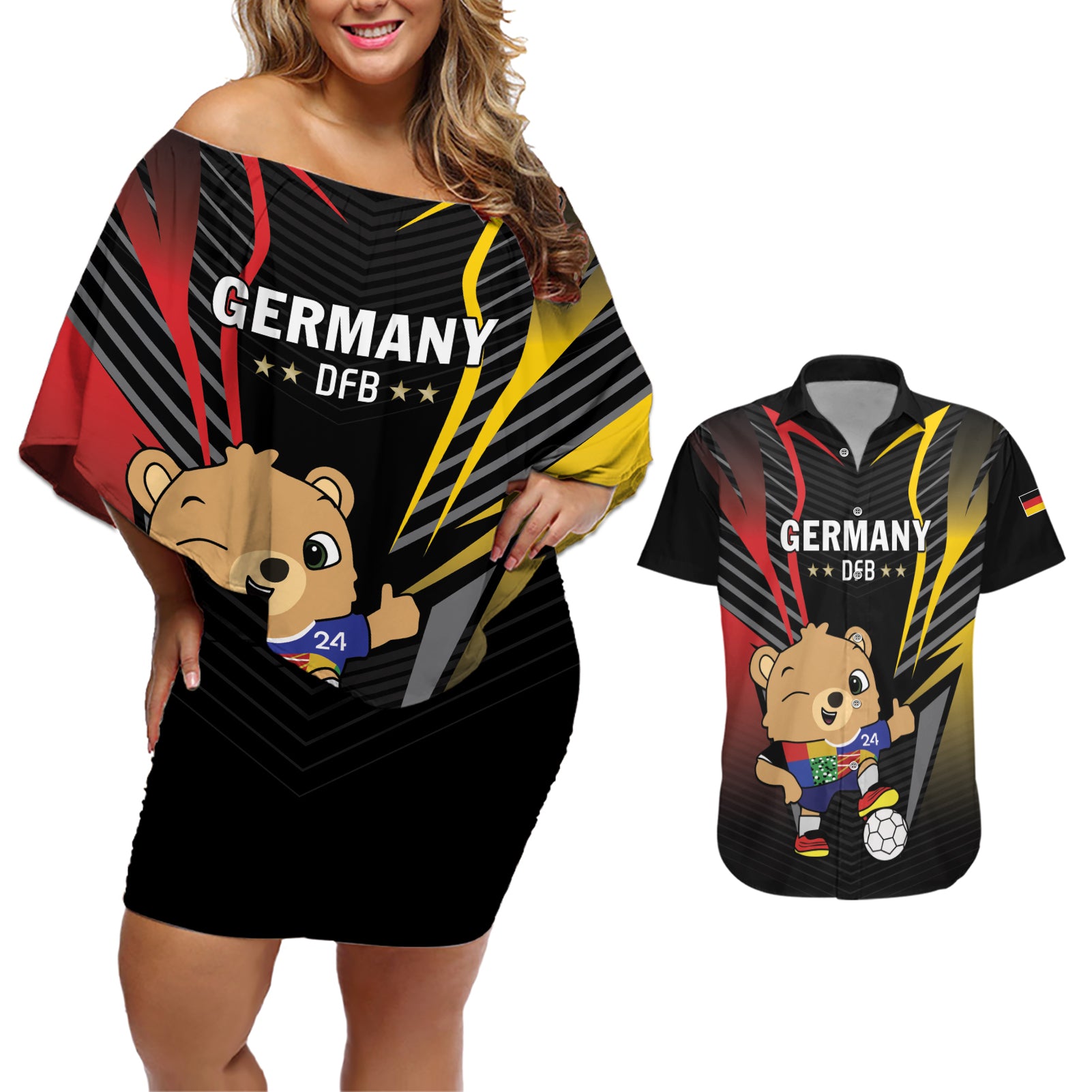 Personalized Germany 2024 Football Couples Matching Off Shoulder Short Dress and Hawaiian Shirt DFB Team Black Version - Wonder Print Shop