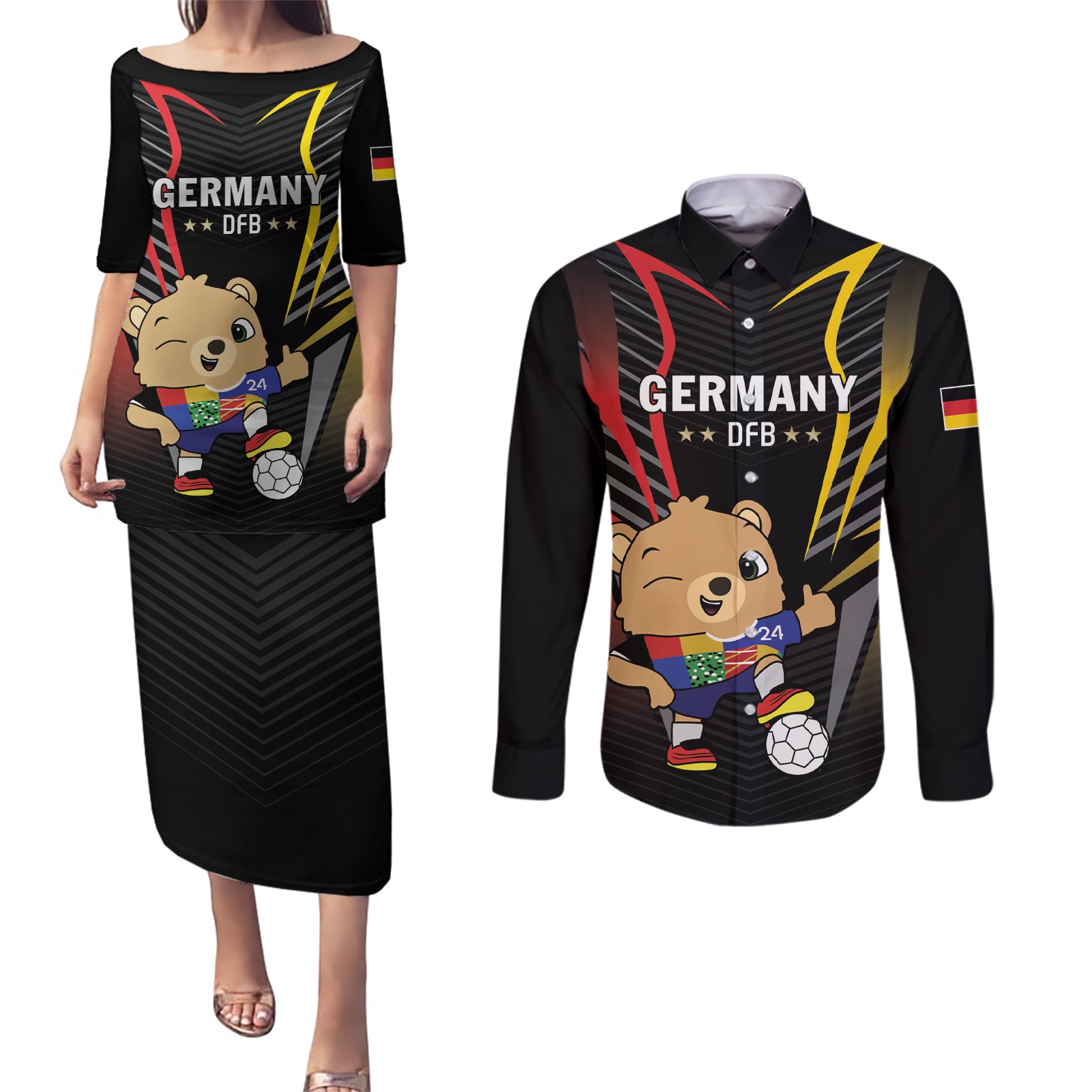 Personalized Germany 2024 Football Couples Matching Puletasi and Long Sleeve Button Shirt DFB Team Black Version - Wonder Print Shop