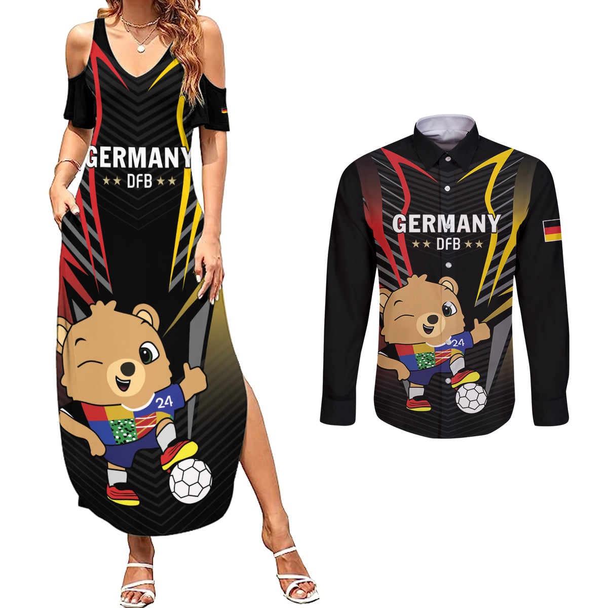 Personalized Germany 2024 Football Couples Matching Summer Maxi Dress and Long Sleeve Button Shirt DFB Team Black Version - Wonder Print Shop