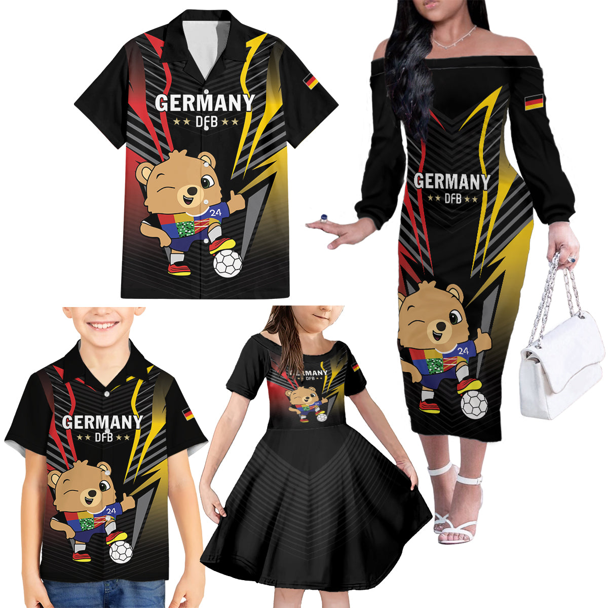 Personalized Germany 2024 Football Family Matching Off The Shoulder Long Sleeve Dress and Hawaiian Shirt DFB Team Black Version