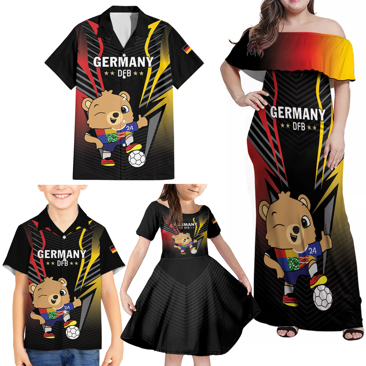 Personalized Germany 2024 Football Family Matching Off Shoulder Maxi Dress and Hawaiian Shirt DFB Team Black Version - Wonder Print Shop