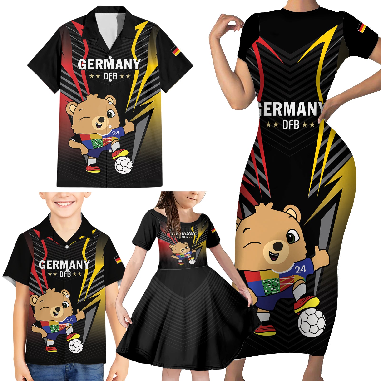 Personalized Germany 2024 Football Family Matching Short Sleeve Bodycon Dress and Hawaiian Shirt DFB Team Black Version