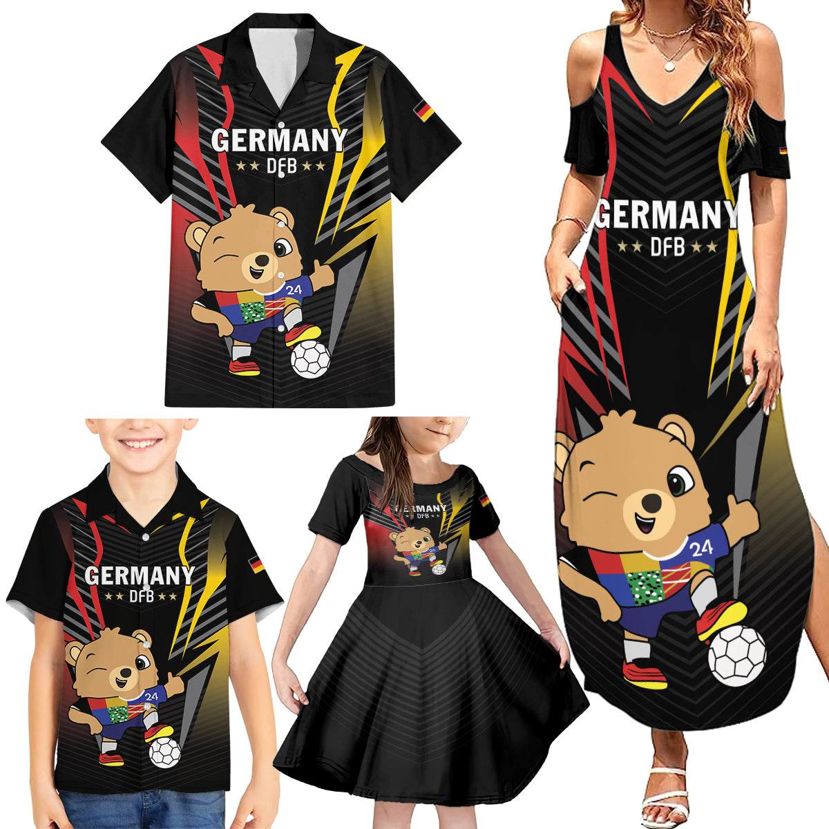 Personalized Germany 2024 Football Family Matching Summer Maxi Dress and Hawaiian Shirt DFB Team Black Version