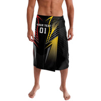 Black personalized football lavalava skirt with yellow lightning graphic and 'YOUR TEXT 01'