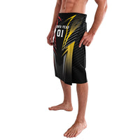 Black personalized football lavalava skirt with yellow lightning graphic and 'YOUR TEXT 01' side