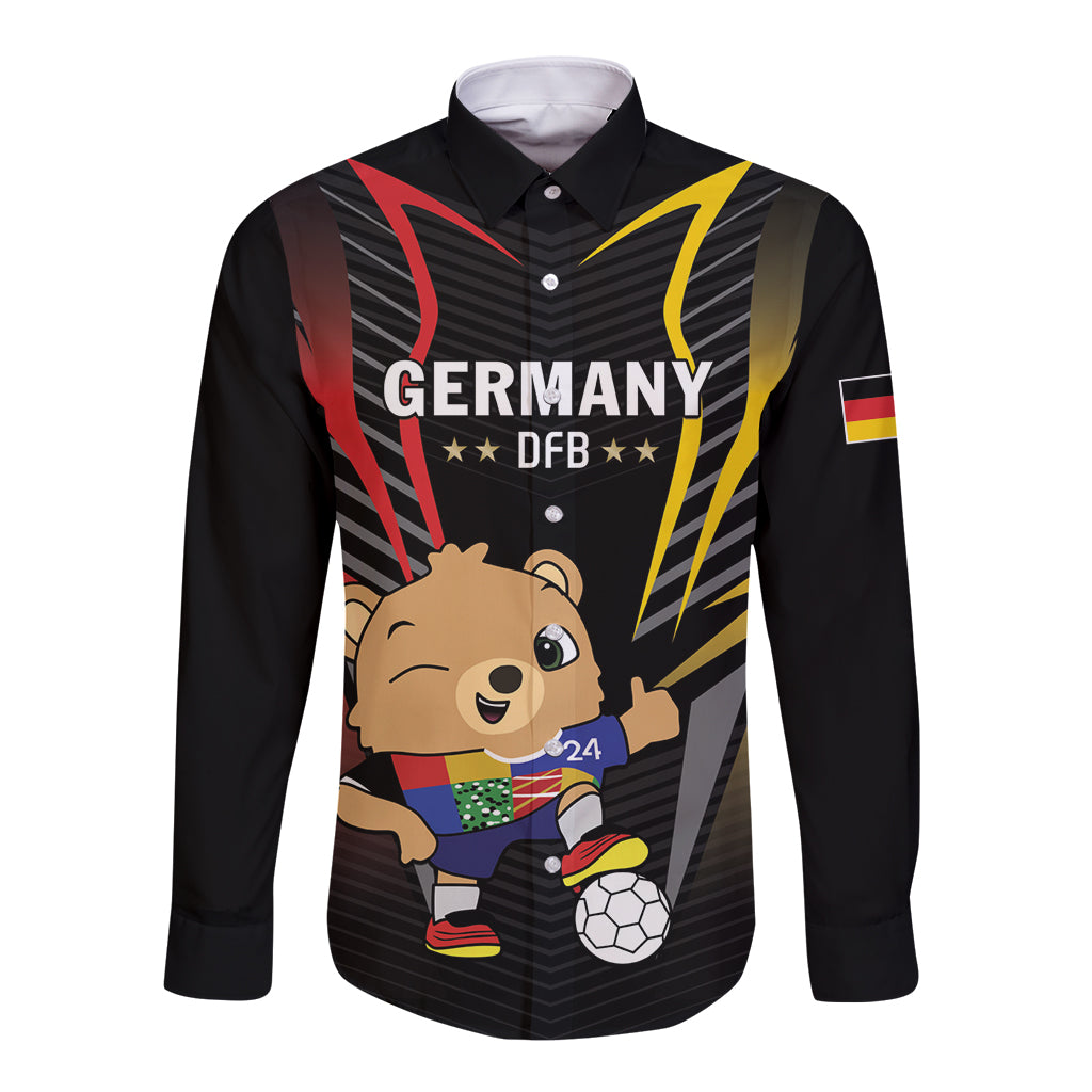 Black long-sleeve football button shirt with Germany DFB graphic and German flag