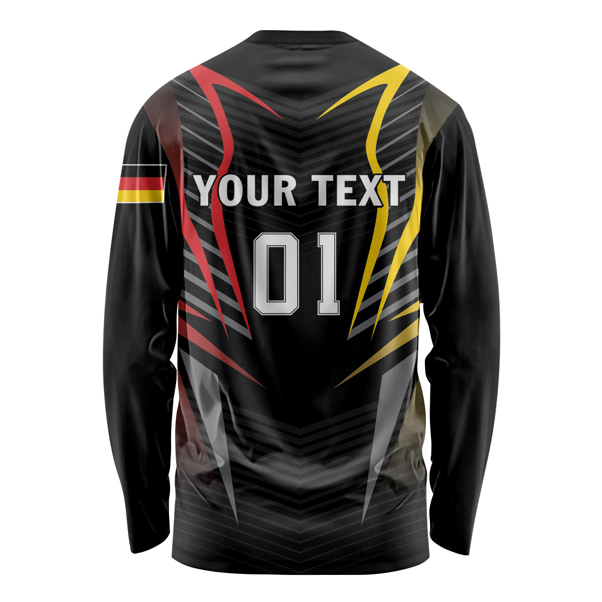 Black long-sleeve football shirt back with 'YOUR TEXT' and number 01