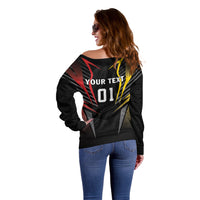 Women’s black off-shoulder football sweater back view with “YOUR TEXT” 01 artwork