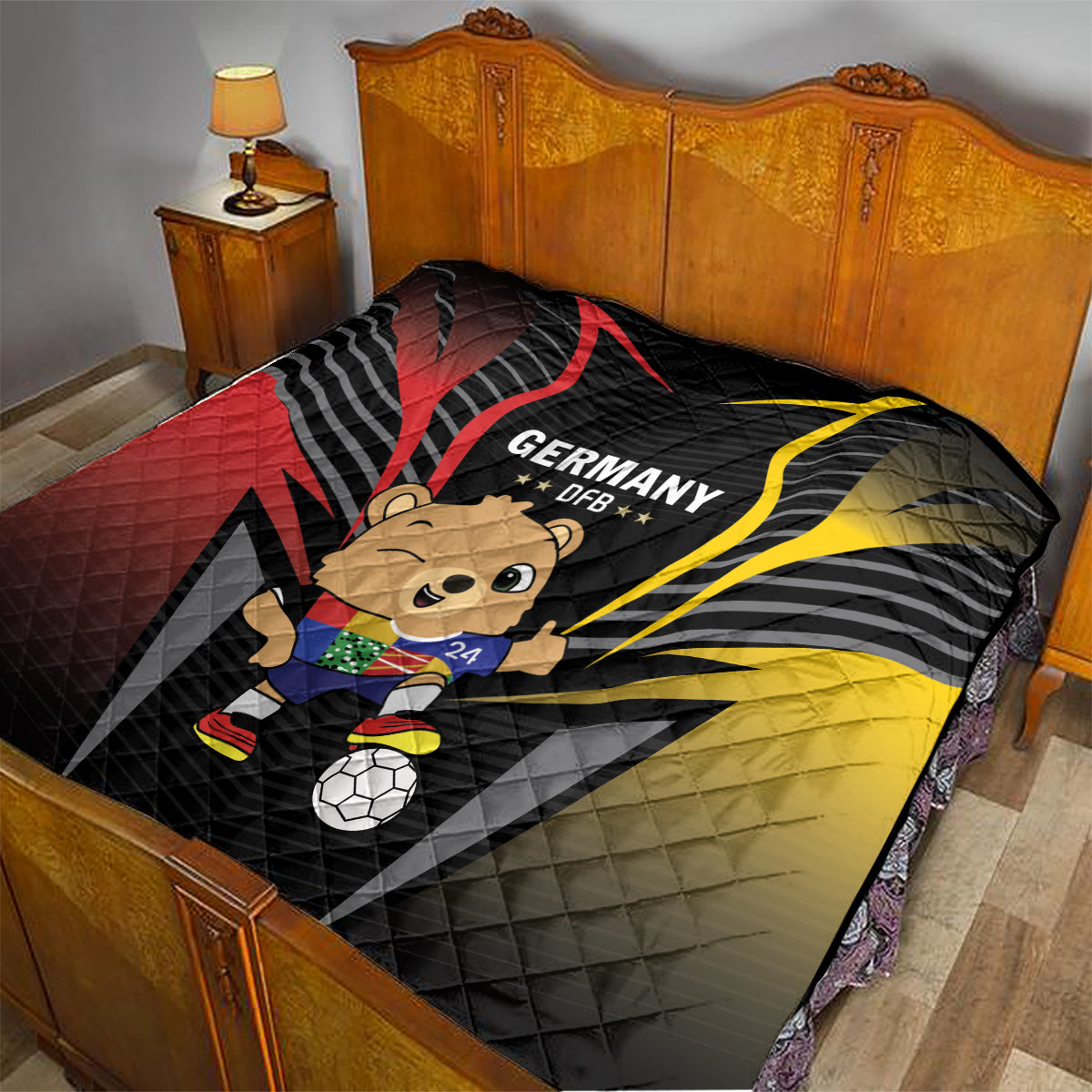 Black Germany 2024 football quilt with DFB text, bear mascot, and soccer ball