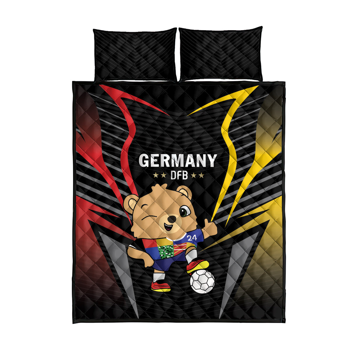 Black quilt and pillow set with Germany DFB logo, cartoon bear, and soccer ball
