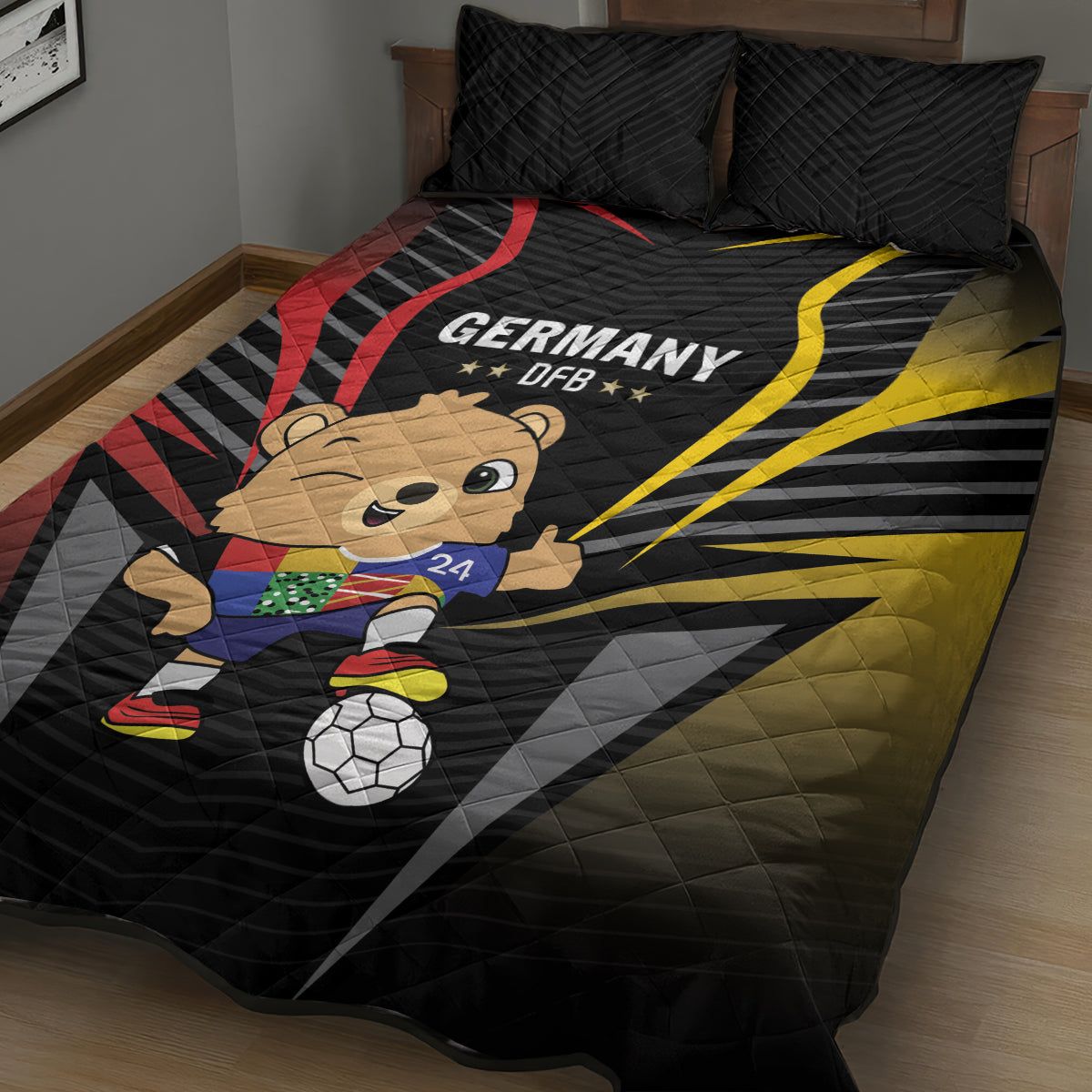 Black Germany football quilt bed set with cartoon bear, ball, and DFB text