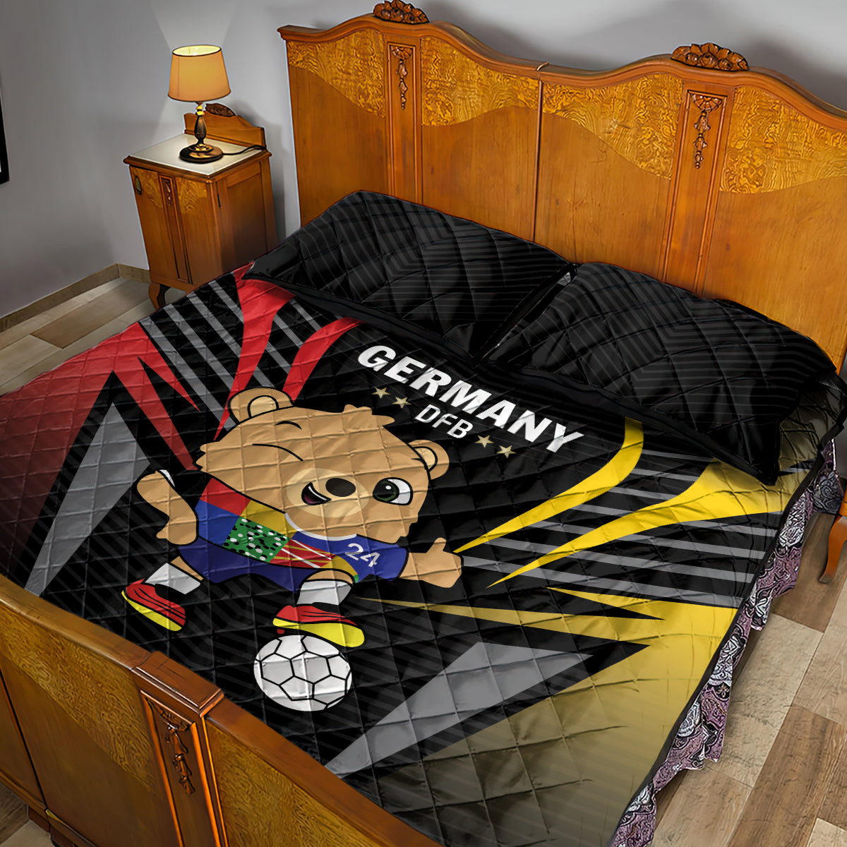 Black quilt bed set with Germany DFB graphic, cartoon bear, soccer ball, and flags