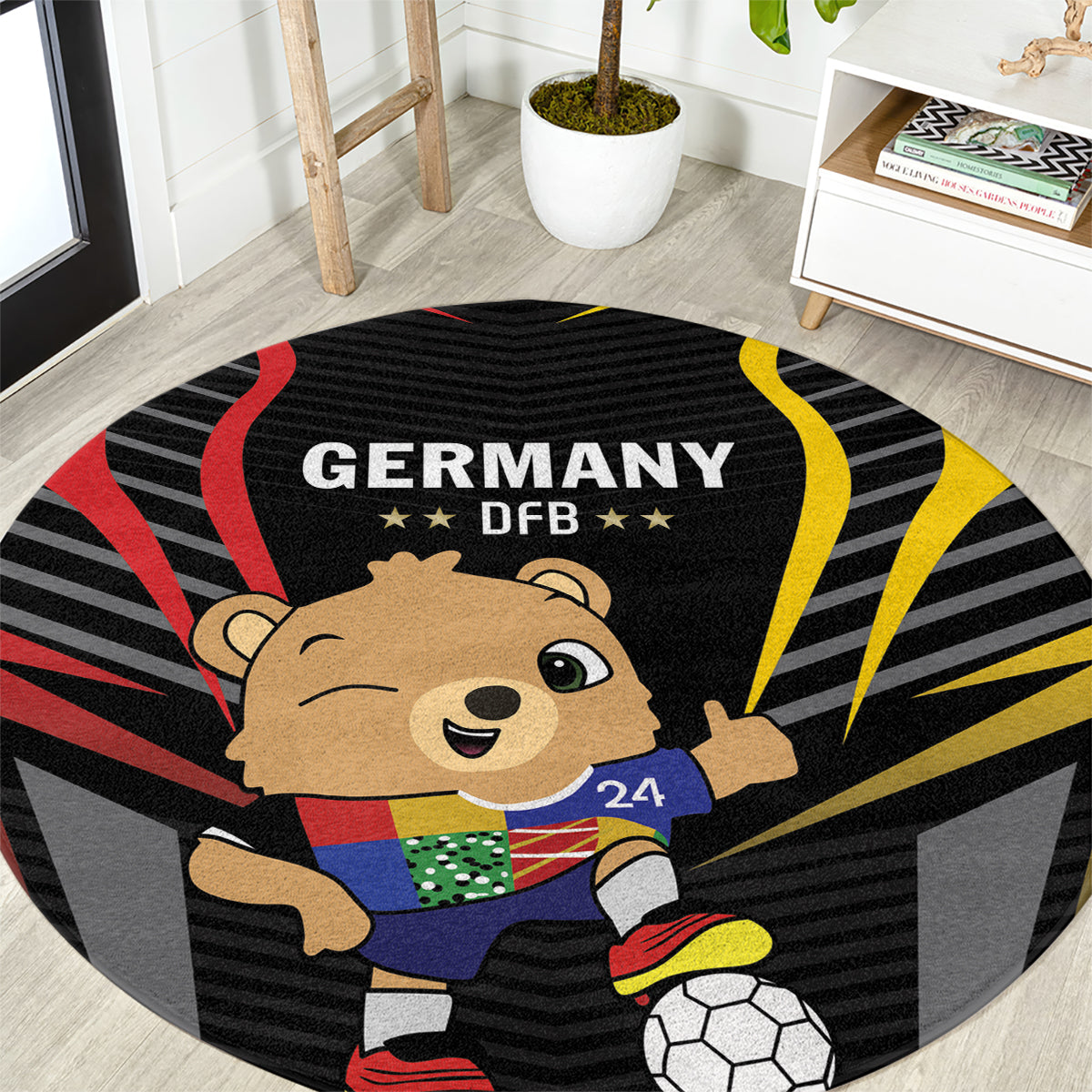 Black round Germany DFB football rug with cartoon bear and Germany text