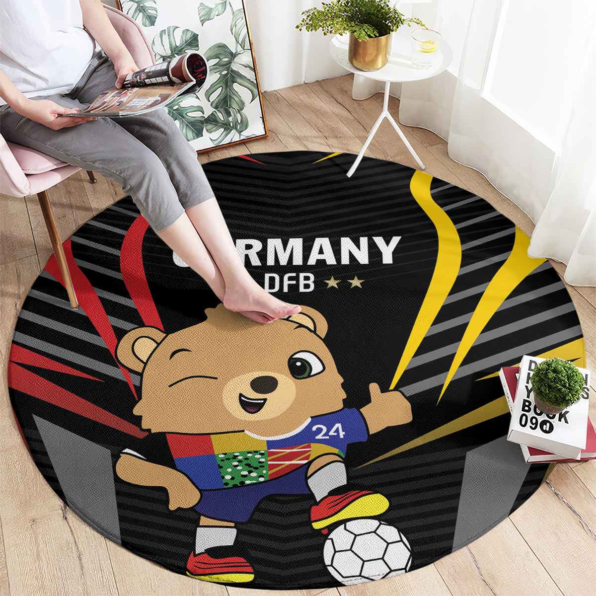 Round black Germany DFB football rug with bear holding a soccer ball and rays