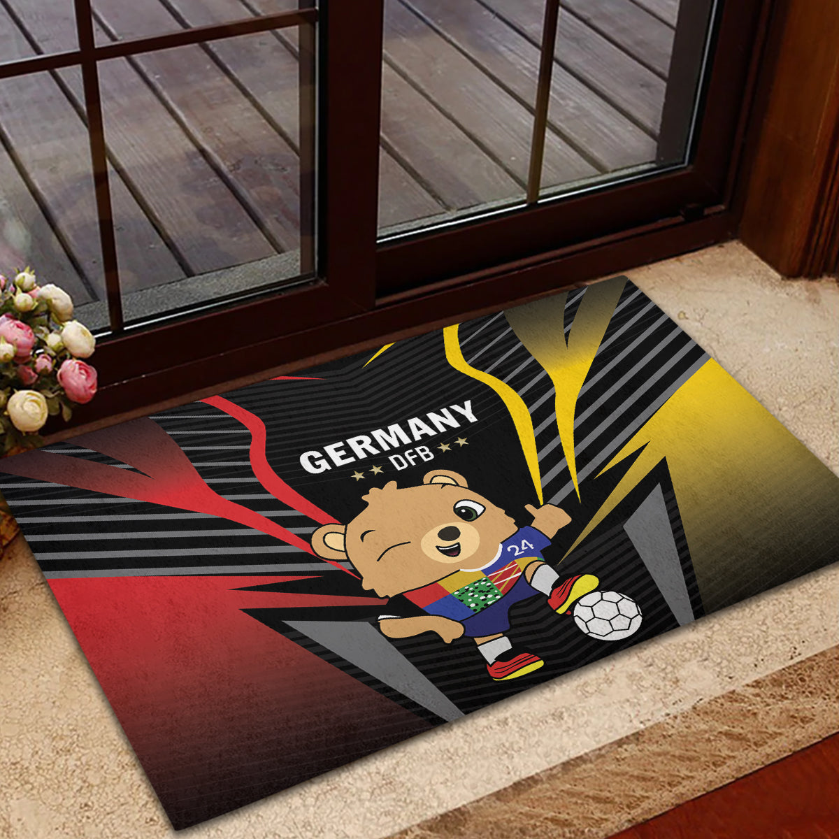 Black Germany DFB rubber doormat featuring bear mascot holding soccer ball