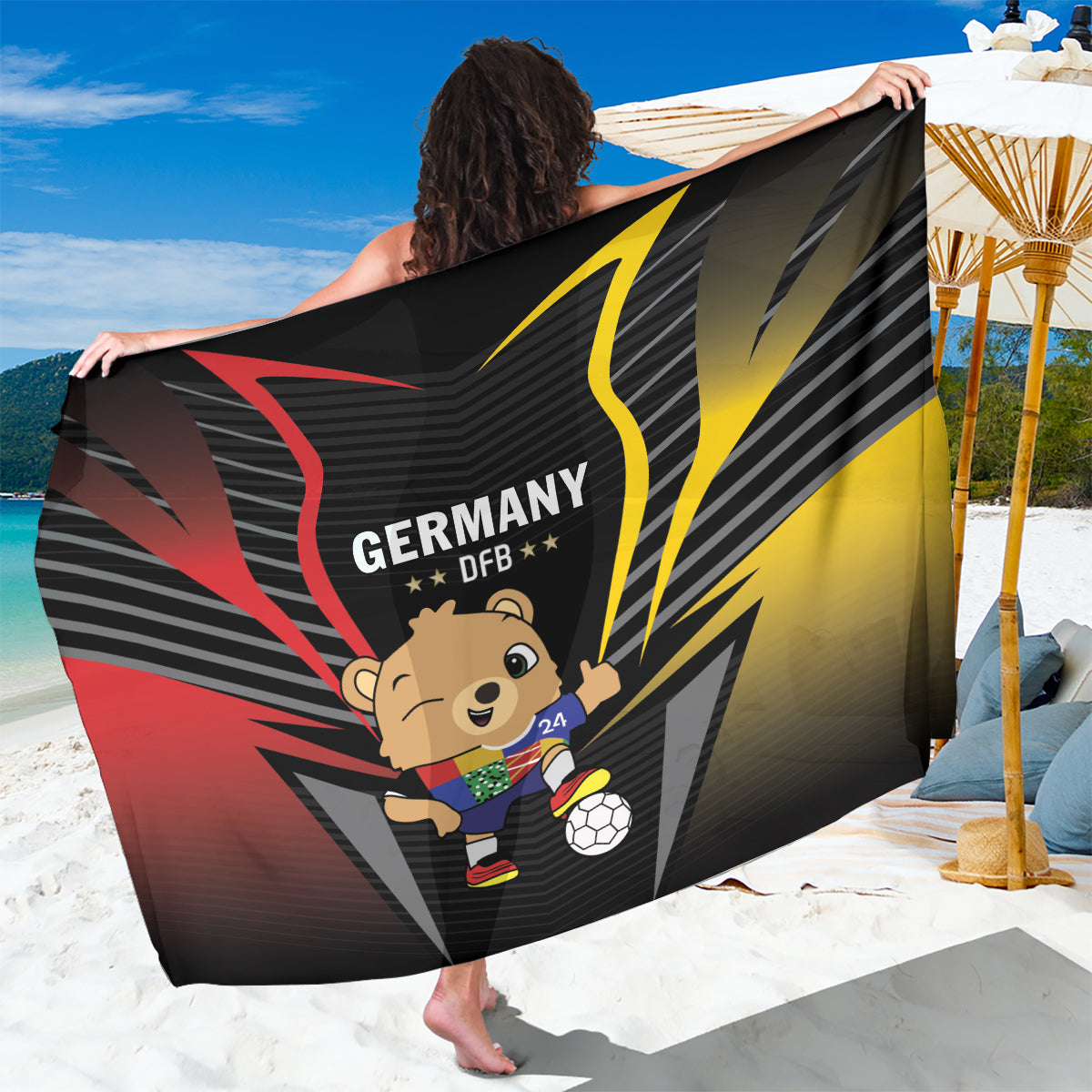 Black Germany DFB football sarong with mascot and bold yellow and red graphic