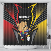 Black football shower curtain with Germany DFB logo text, bear mascot in jersey, and soccer ball