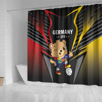 Black football shower curtain with Germany DFB text, bear mascot raising hand, and soccer ball