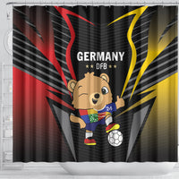 Black football shower curtain with Germany DFB text and cartoon mascot holding soccer ball