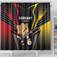 Black football shower curtain with Germany DFB text, bear mascot and soccer ball in center panel