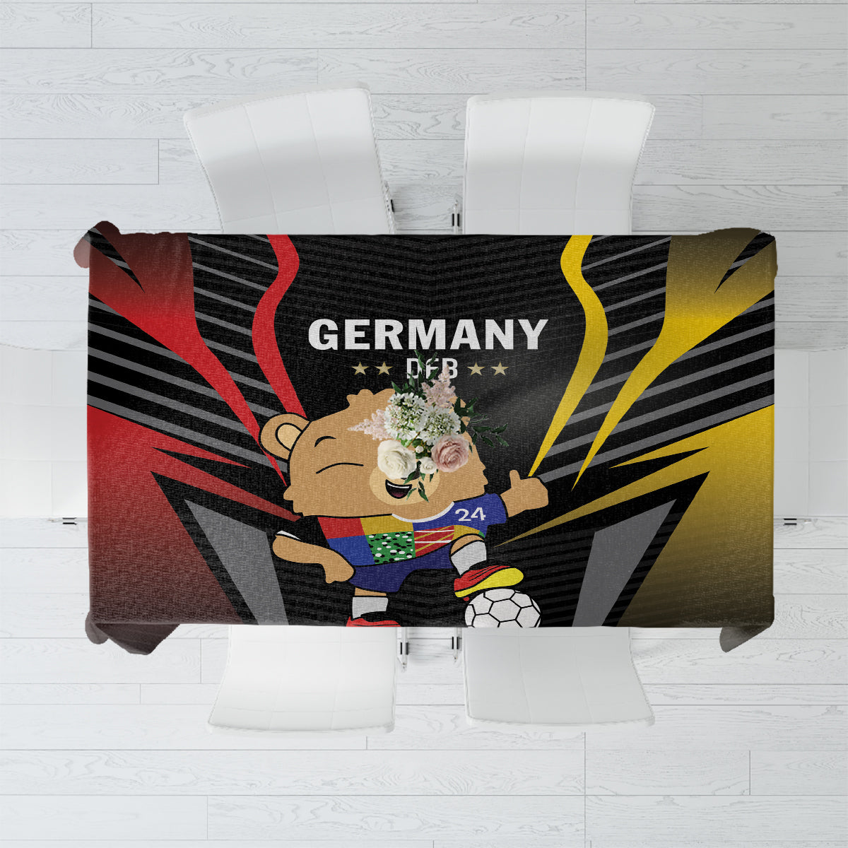 Black football tablecloth with Germany 2024 print, mascot, soccer ball and flag colors