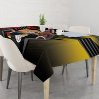 Black football tablecloth with Germany 2024 graphics, soccer ball, and yellow center panel
