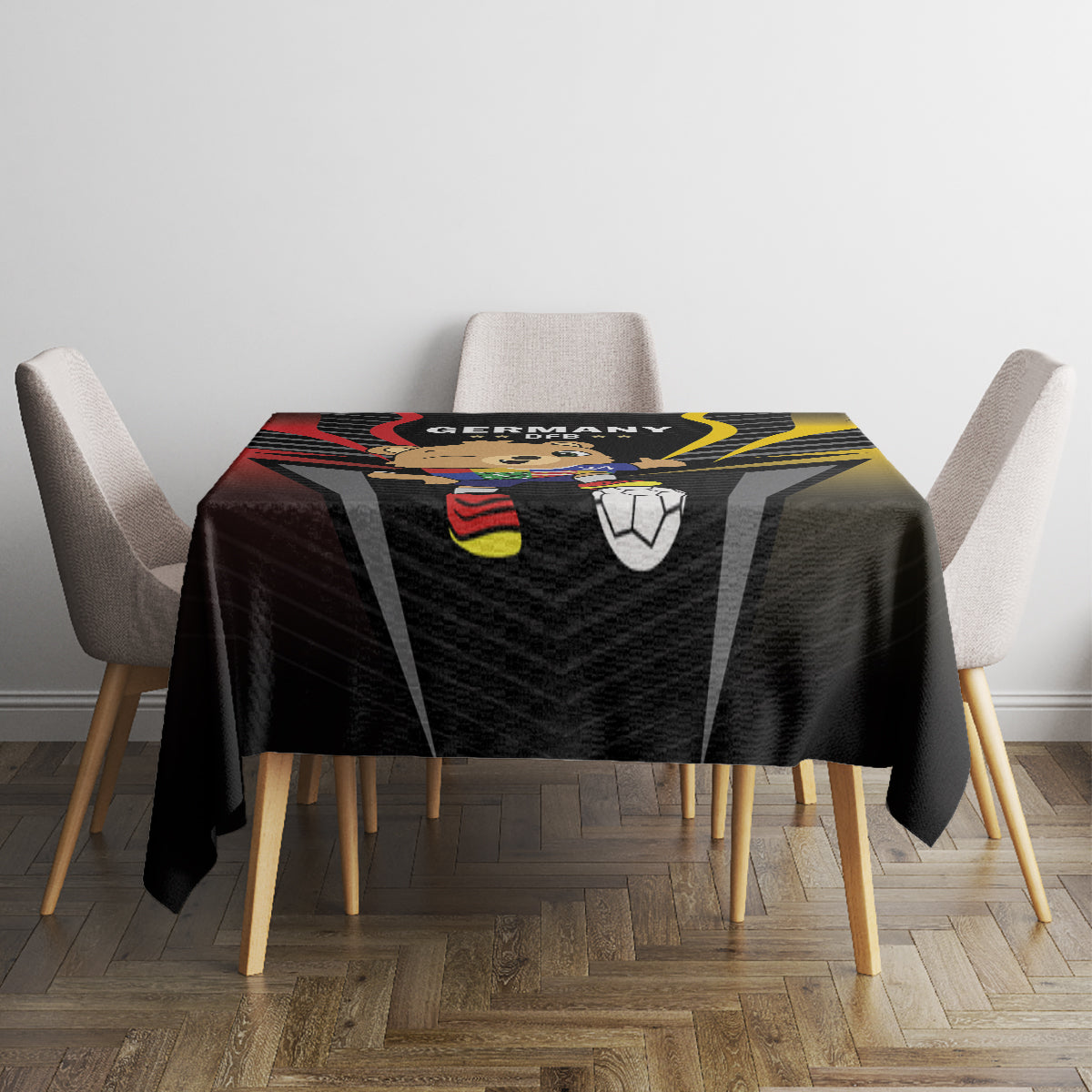 Black football tablecloth with Germany 2024 emblem and soccer ball print on a dining table
