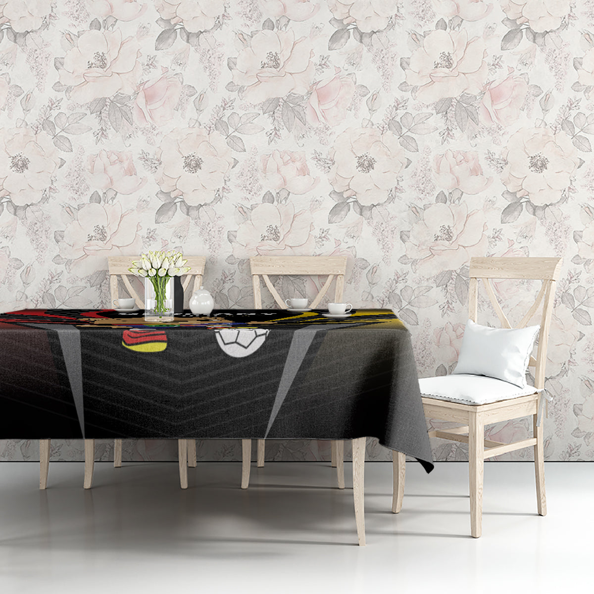 Black football tablecloth with Germany 2024 print and soccer-themed graphics on dining set