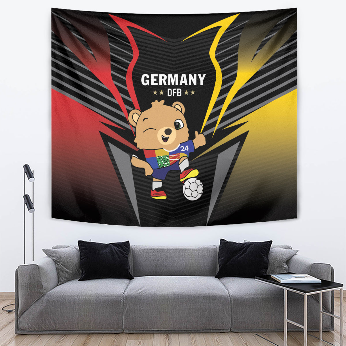 Black football tapestry with Germany lettering, cartoon player and soccer ball on center