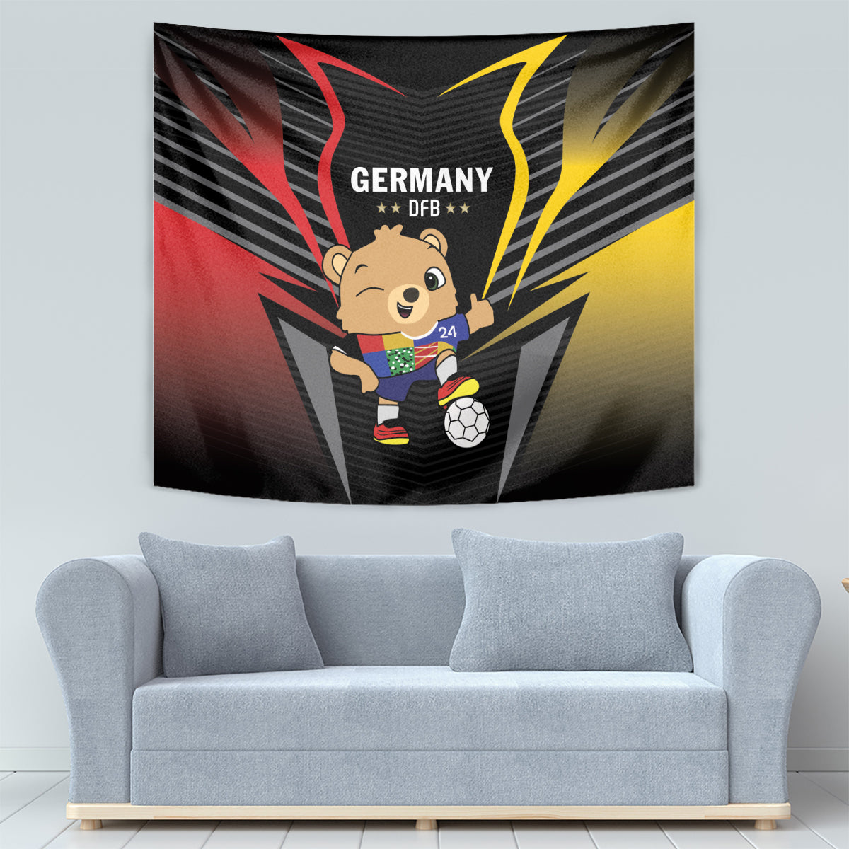 Black Germany football tapestry with DFB text and cartoon mascot holding a soccer ball