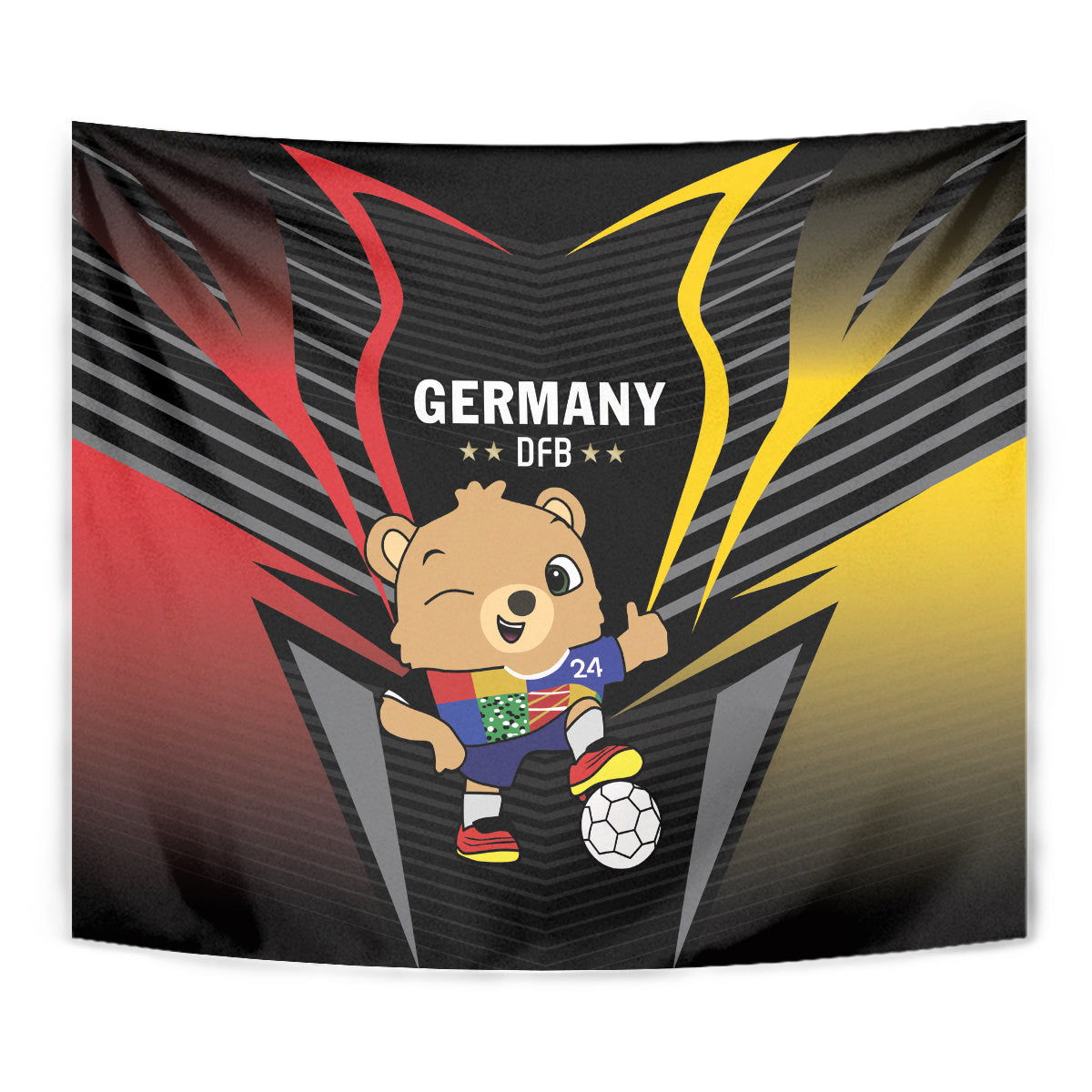 Black Germany DFB football tapestry close-up with cartoon mascot and soccer ball
