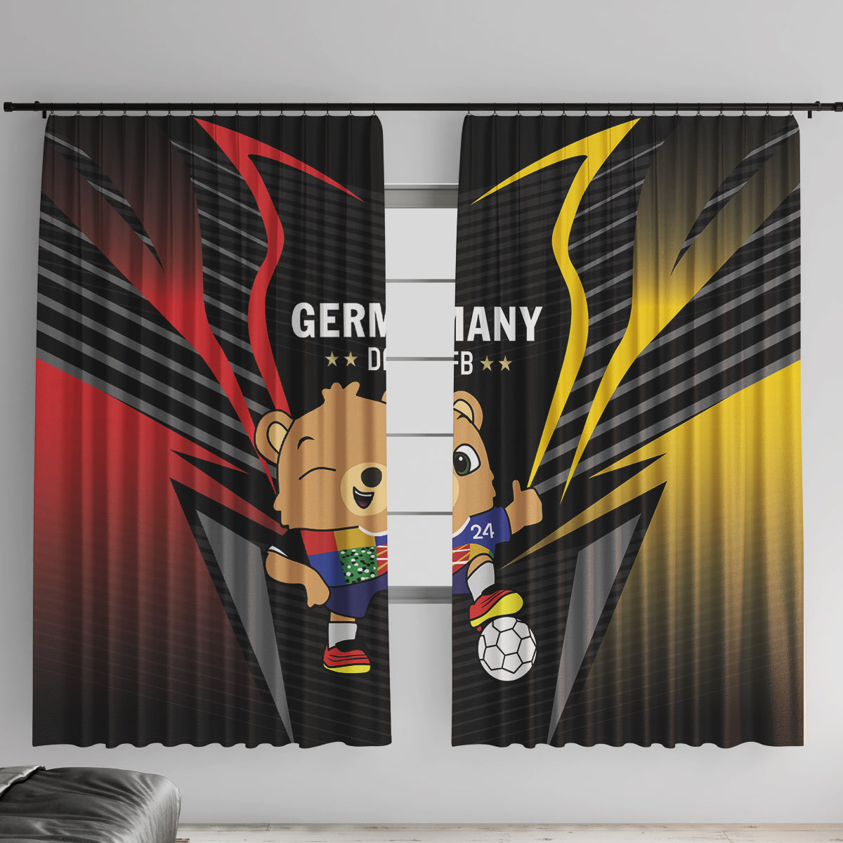 Football window curtain panels, black with mascot and Germany/DFB graphics, red and yellow rays