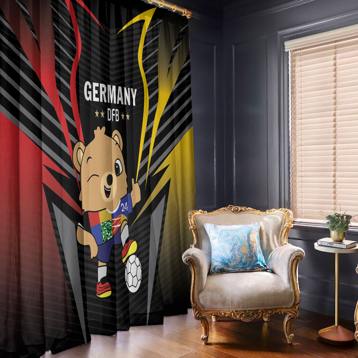 Black football window curtains with cartoon mascot, Germany/DFB text, red and yellow accent rays