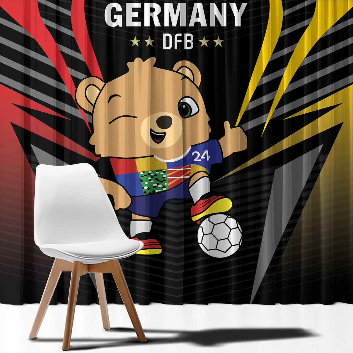 Close-up of black football window curtain with mascot, Germany/DFB text, and soccer ball graphic