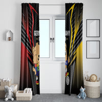 Pair of black football window curtains with mascot, Germany/DFB lettering, and red/yellow burst design