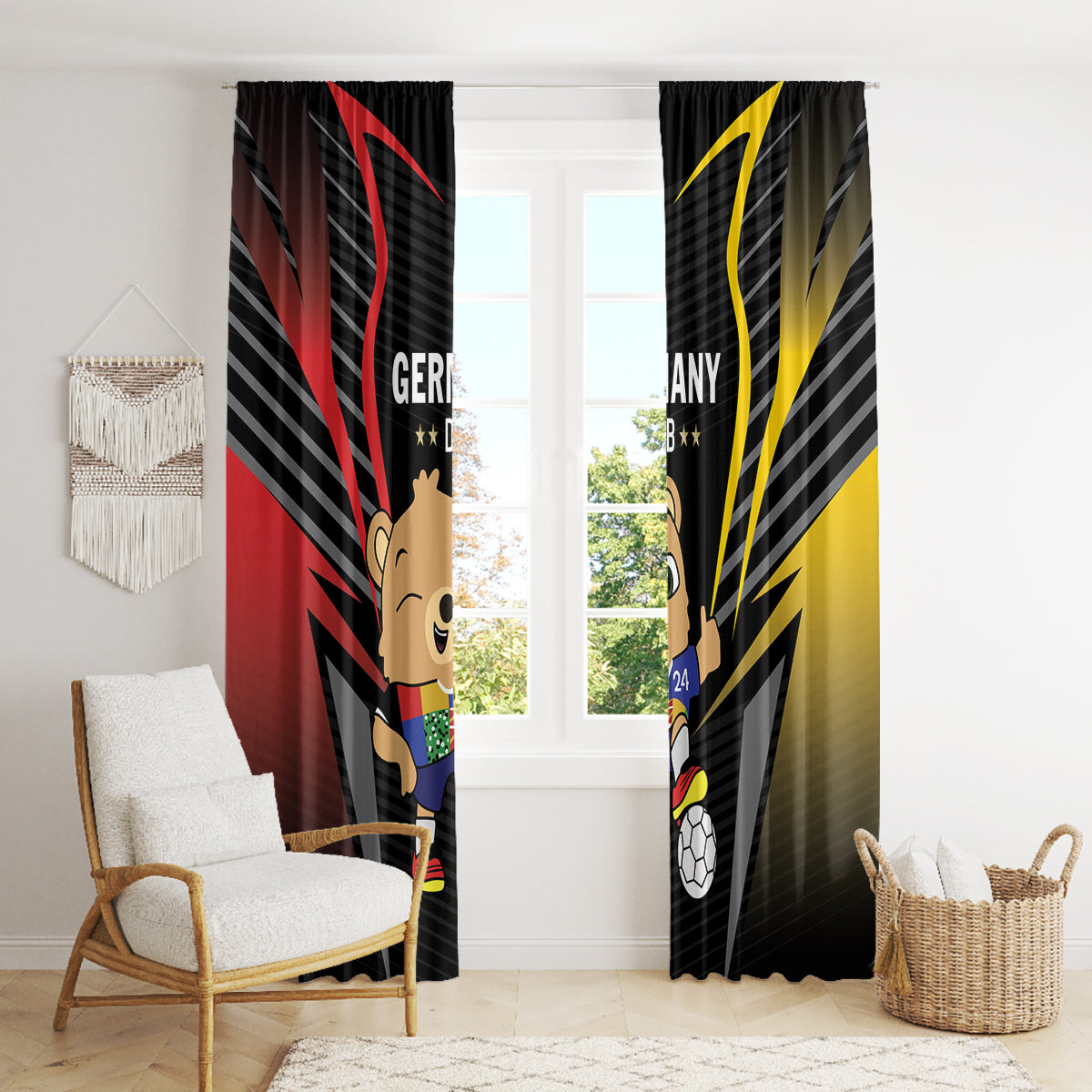 Black football window curtain panels featuring mascot character and Germany/DFB design with red and yellow highlights